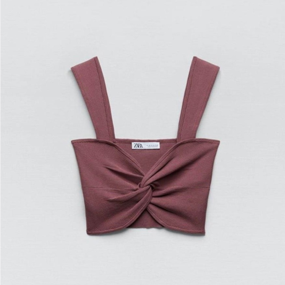 ZARA ribbed top dark pink with knotted v-neck cropped crop top strap nwot Sz M